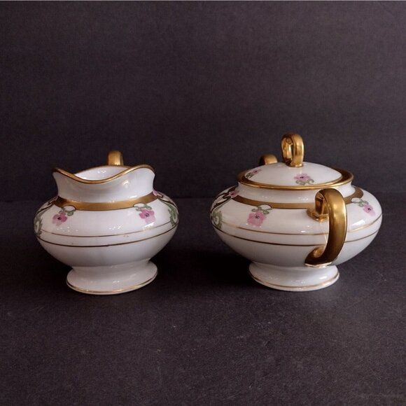 W A Pickard Handpainted China Art Nouveau Style Pink Floral Gold Sugar Creamer - Picture 4 of 10